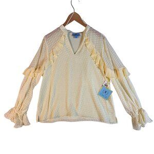 CeCe Yellow Ruffle Sheer Polka Dot Long Sleeve Blouse L Romantic Elegant Boho